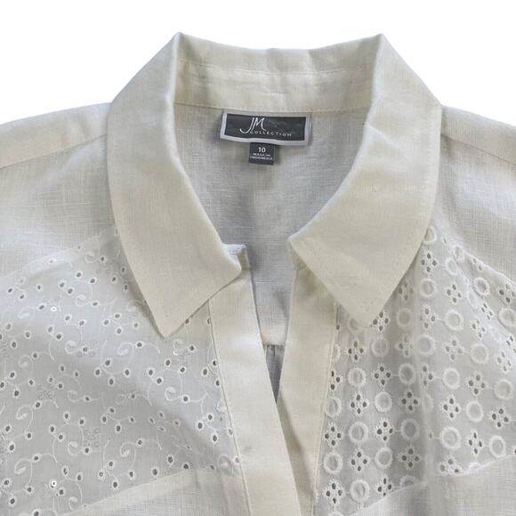 JM Collection Shirt Womens 10 White 100% Linen with Cotton Eyelet Trim Sequins - Picture 1 of 15